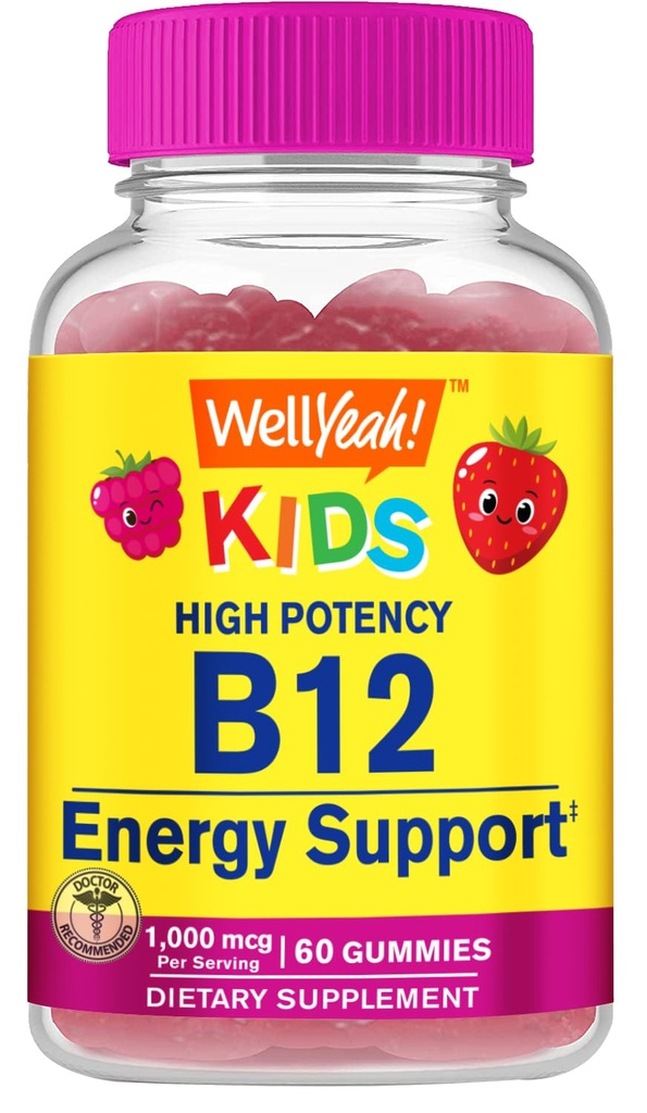 WellJaja vitamin B12 Gummies for barn - Øk energi, forbedre hjernens funksjon og styrke immunsystemet - Ikke-GMO, Glutenfri - Great Tasting Berry Flavor - lett å Chew - 60 Gummies