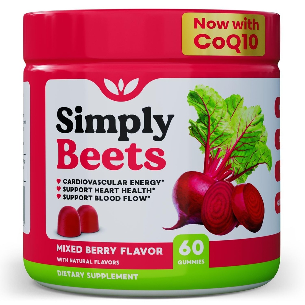 Beet Gummies med CoQ10-Nitric Oxid & Energy Support-Non-GMO Beetroot pulver og kornfrø ekstrakt- naturlig blandet Berry Flavor-60 greve
