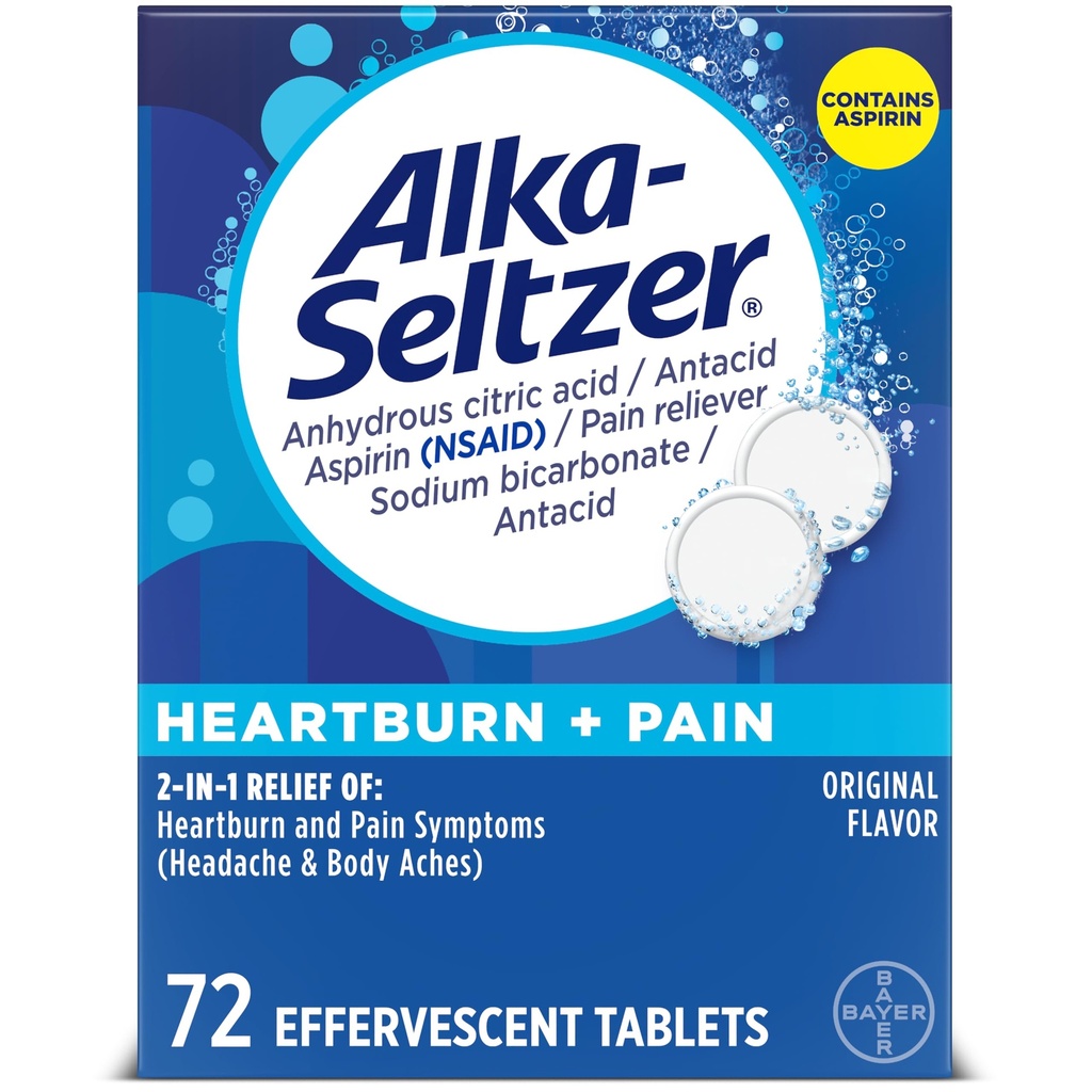 Alka-Seltzer Heartburn + Smerte Effervescent Aspirin + Antacid Tabletter, Rask Heartburn Relief og Acid Indigesjon Relief, Smerte Relief med Aspirin, 72 Ct