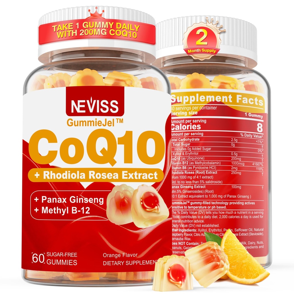Sukkerfri CoQ12-200mg 400mg fylte gummies - 2 måneders forsyning - m/ vitamin B12 1000mcg, Rhodiola Rosea & Panax Ginseng, B6, Coenzym Q10 Supplement for hørsel-t, energi, antioksidant, ultra absorpsjon