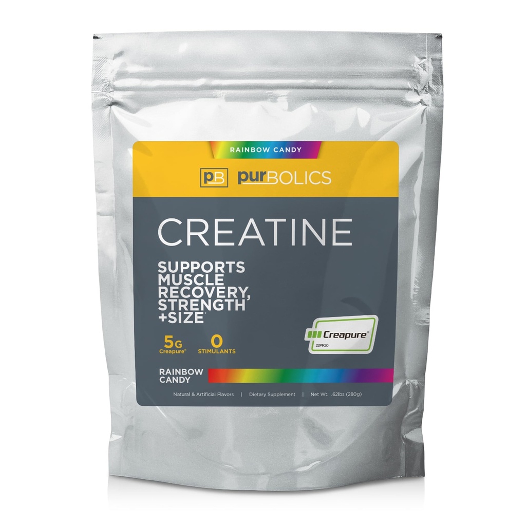 Purbolics Kreapure Kreatin Monohydrat, Mikronisert Kreatin 5g, heve trening ytelse og gjenoppretting, bygge styrke, forbedre pumper (50 Serveringer, Rainbow Candy)