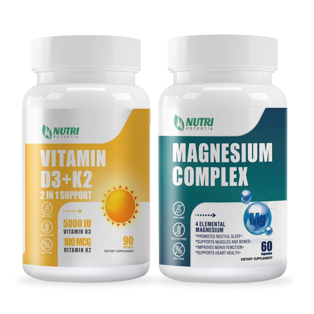 Vitamin D3 K2 med MCT olje 90 Softgels & magnesium gjennombruddskompleks Supplement | Bein, hjerte, muskel og nervesystem støtte - ikke-GMO
