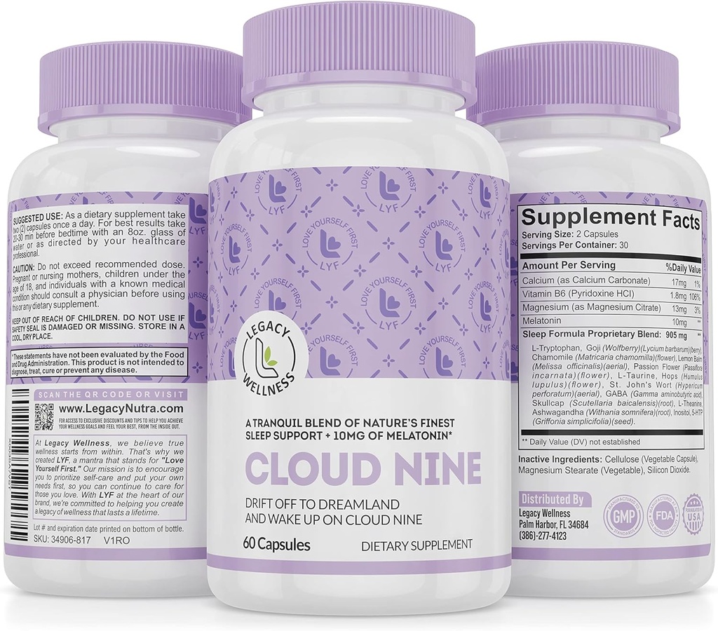 Sky 9 - Alt naturlig søvnhjelp Supplement - Avslappende vitamin & herbal formel - 10mg Melatonin Kalsium Magnisium L-Theanine 5-HTP GABA St John's Wort Ashwagandha Kamille & Mer 60 Vegan Capsules