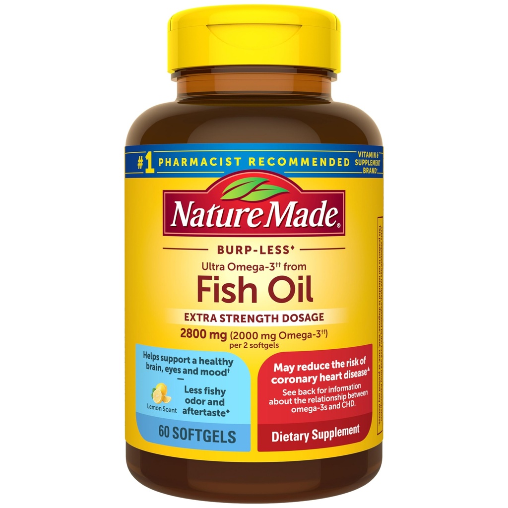 Natur laget ekstra styrke Omega 3 Fish Oil Supplements, 2800mg, Fish Oil Omega 3 Kosttilskudd som Etyl Esters for sunn hjerte, hjerne, øyne, Mood Support, 60 Softgels, 30 dagers forsyning