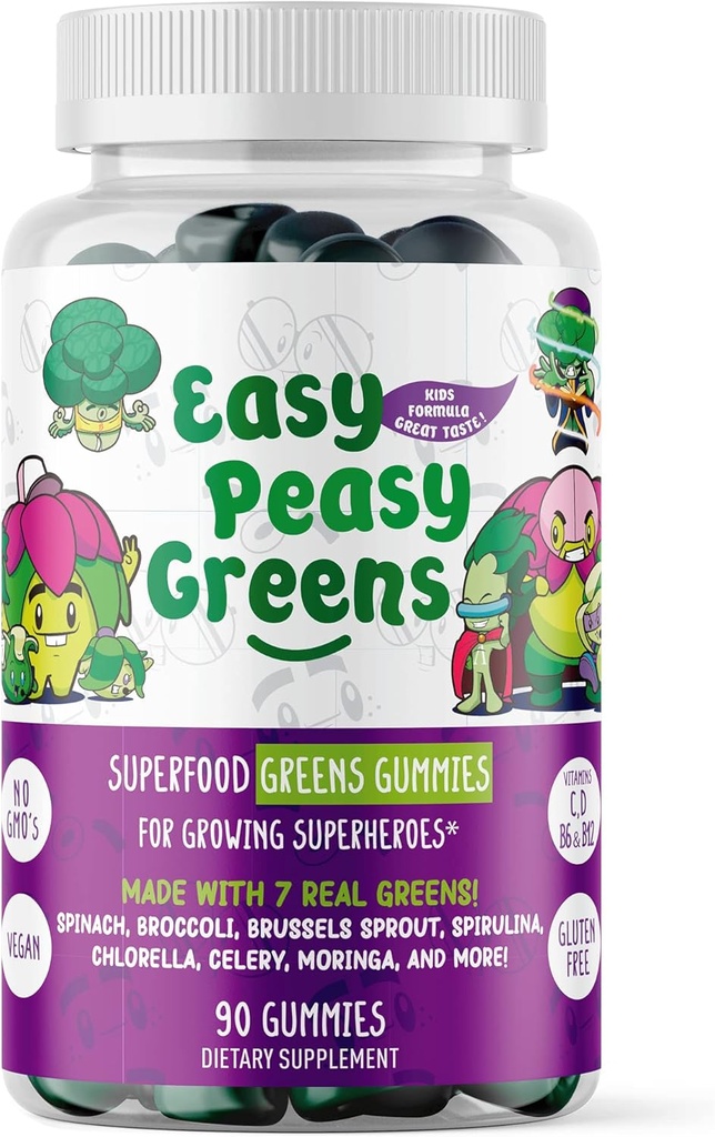 EasyPeasyGreens Daglige Veggie Gummier for barn - 90 Grønne Gummier - Hjelper Picky Eaters Få sine grønnsaker i - laget med 10 ekte grønnsaker ekstrakter og 100% Vegan
