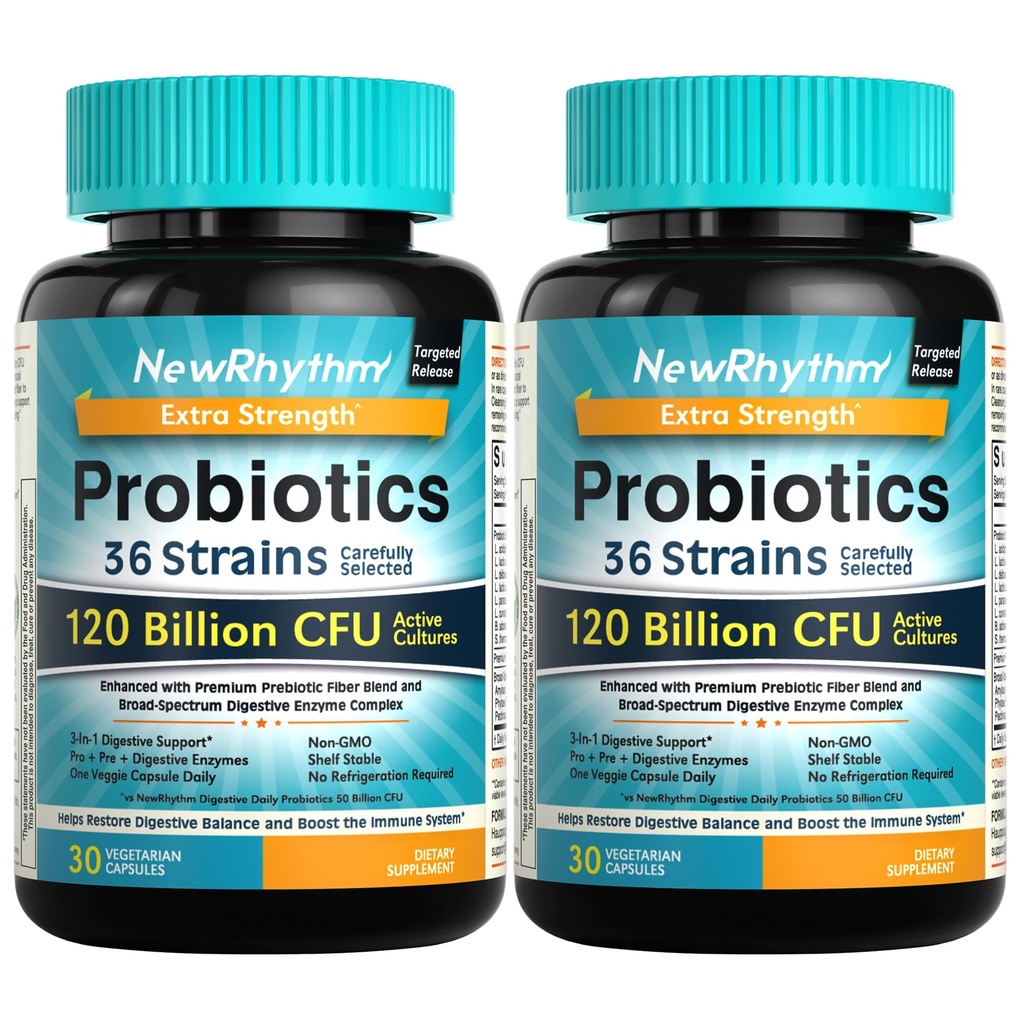 NewRhythm Probiotika 120 milliarder CFU 36 Strains, 3-i-1 Probiotika for digestiv helse og immun støtte med prebiotika og enzymer, probiotika for kvinner og menn, Vegan målrettet frigjøring supplement, 60ct