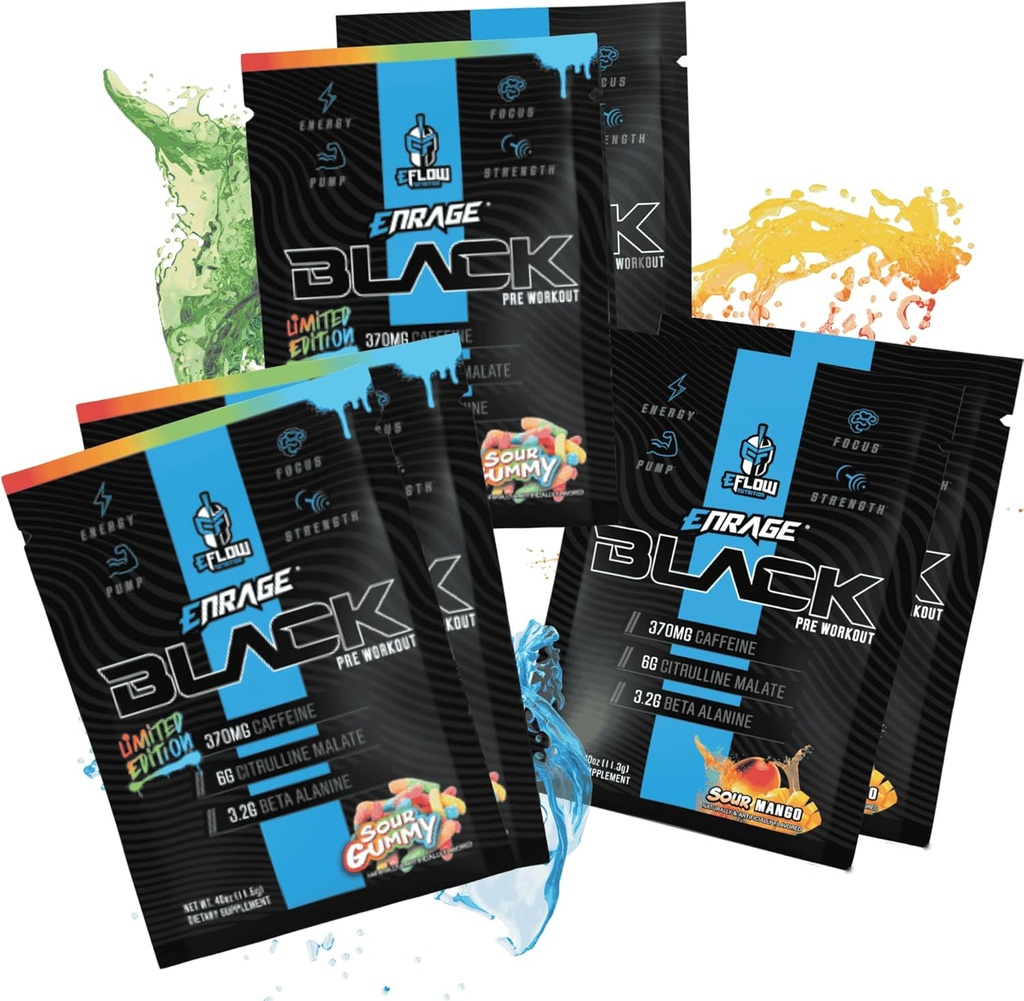eFlow Nutrition ENRAGE Black Preworkout prøvepakker - reisepakker - høy stimul energi, pumpe, styrke, utholdenhet, fokus, nootropisk formel - Sour Gummy & Sour Mango Flavor (6 pakker)