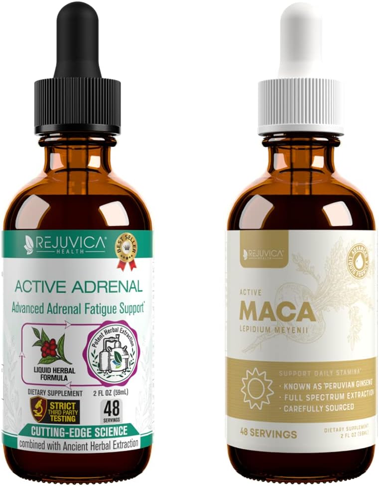 Rejuvica Health Active Adrenal + Active Maca - Støtte energi + stress - flytende levering for bedre absorpsjon - Rhodiola, Maca, Holy Basil, Ashwagandha og mer!
