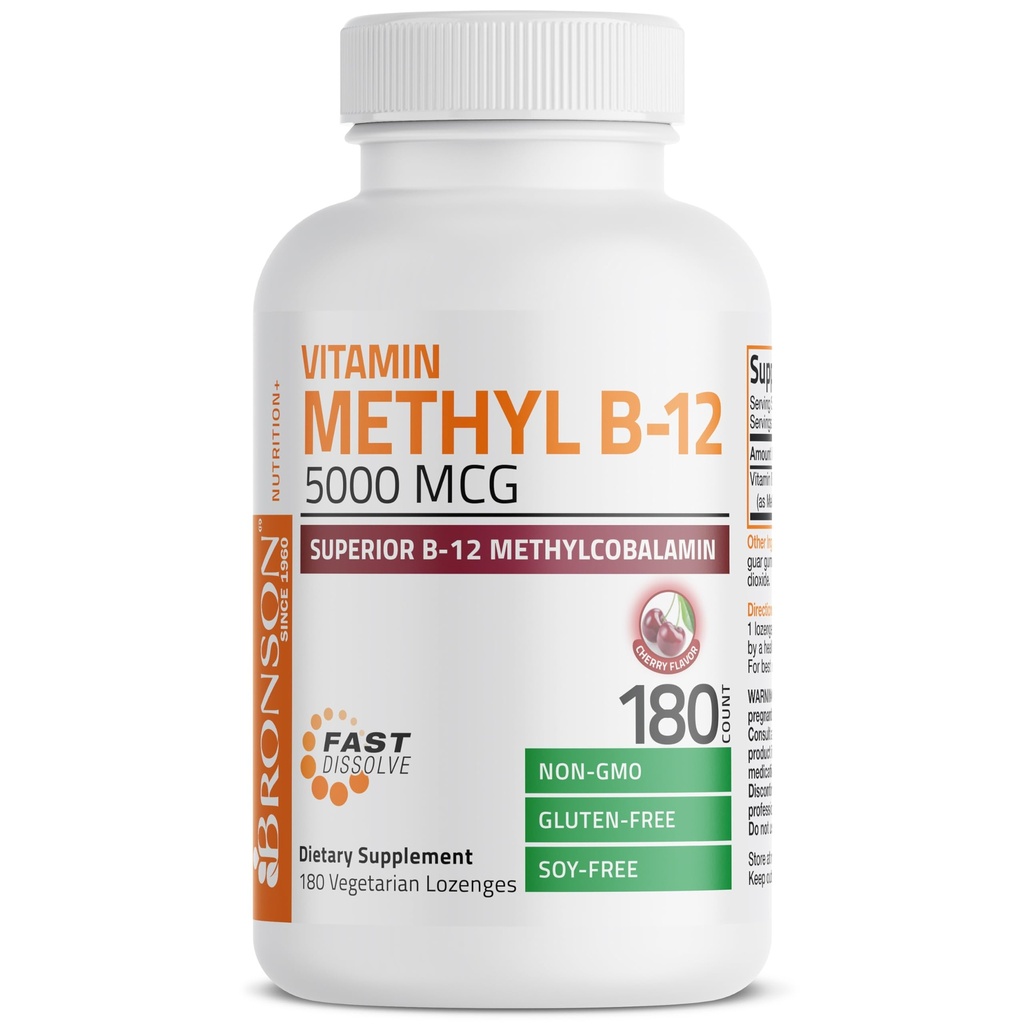 Bronson Metyl B12 5000 mcg vitamin B12 Metylkobalamin energi og hjerne støtte, 180 Lozenges