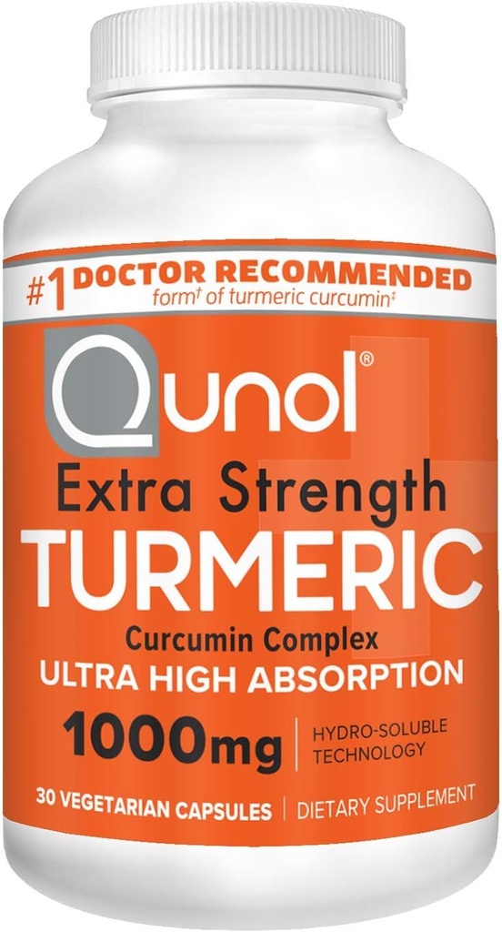 Qunol Turmeric Curcumin Capsules, 1000mg ekstra styrke Supplement, Patentert Hydro-løselig teknologi, Alternativ til Turmeric Curcumin med svart pepper, 30 Veggie Capsules