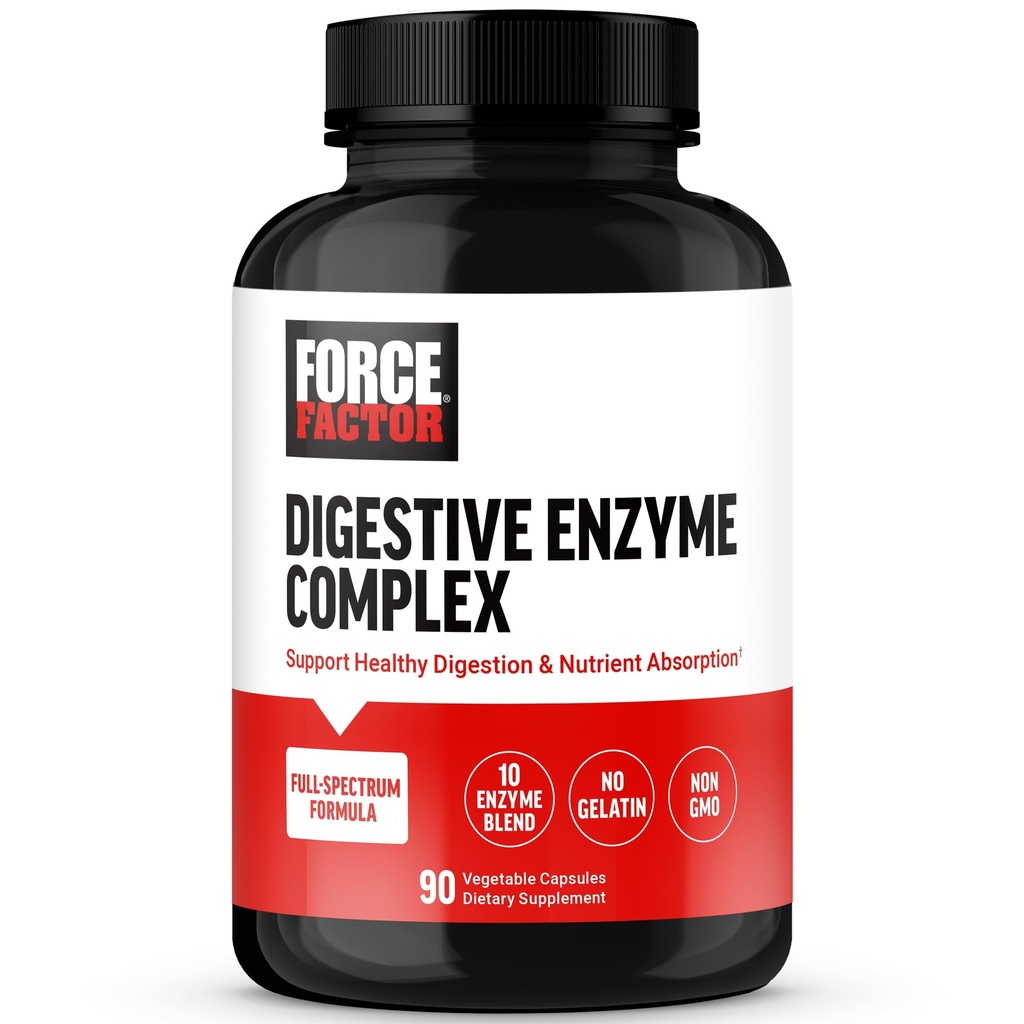 FORCE FACTOR Digestive Enzymes Complex for å støtte Digestive helse, Gut helse, og gi blooting Relief for kvinner og menn, Full-Spectrum 10 Digestive Enzymes, Ikke-GMO, 90 kapsler