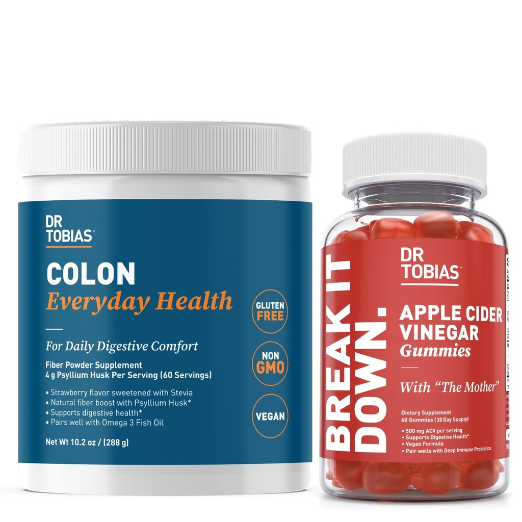 Dr. Tobias Apple Cider Vinegar Gummies & Colon Hver dag Helse - Daglig digestiv, Detox og rengjøringsstøtte med ACV Gummies & Psyllium Husk pulver