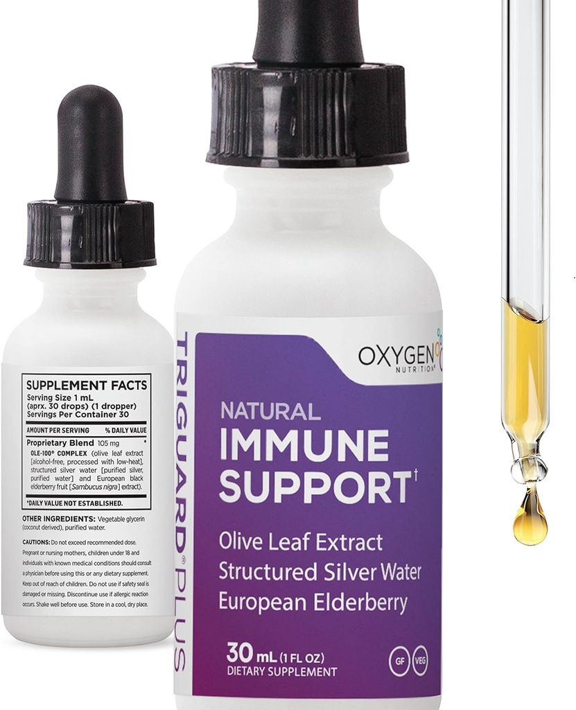 Triguard Plus Concentrate | Colloidal Silver, Sambucus Elderberry Extract & Olive Leaf Extract, 3-i-1 Flytende immunstøtte | Kraftig immunsystem Booster | Stor smak - 1oz / 30ml, laget i USA