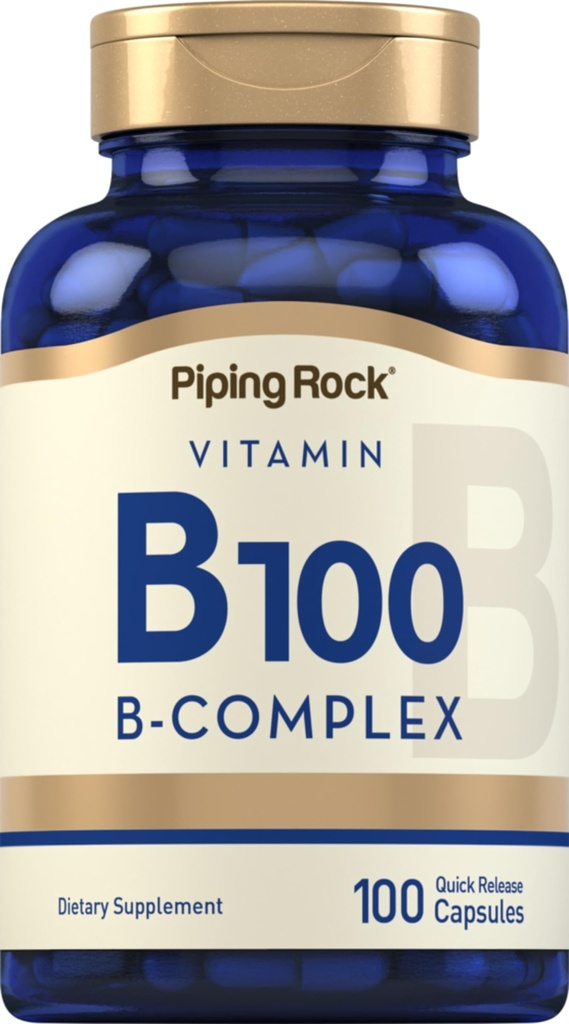 Piping Rock Vitamin B-100 Kompleks | 100 kapsler | Vitaminer B12, B1, B2, B6 | Ikke-GMO, Glutenfri Supplement