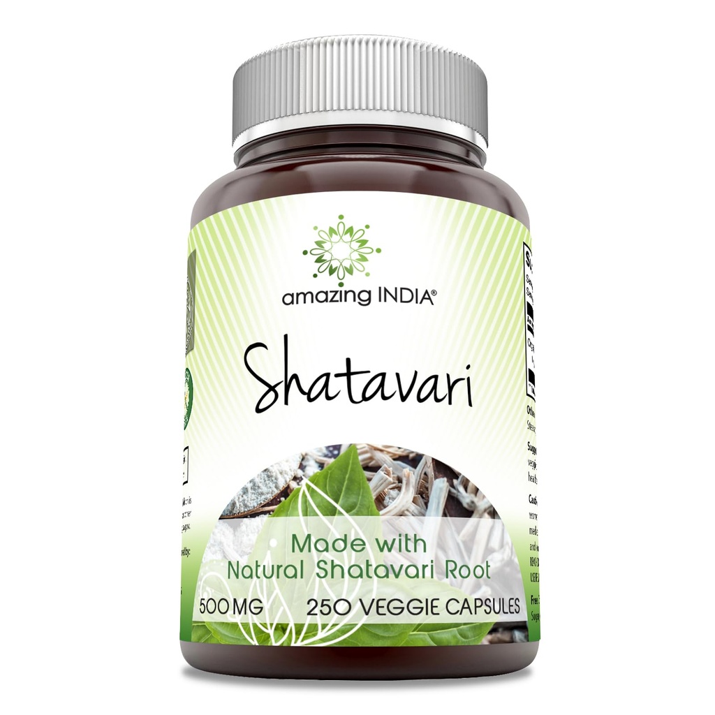 Amazing India Naturlig Shatavari 500 Mg per servering 250 Veggie kapsler Supplement | Ikke-GMO | Glutenfri