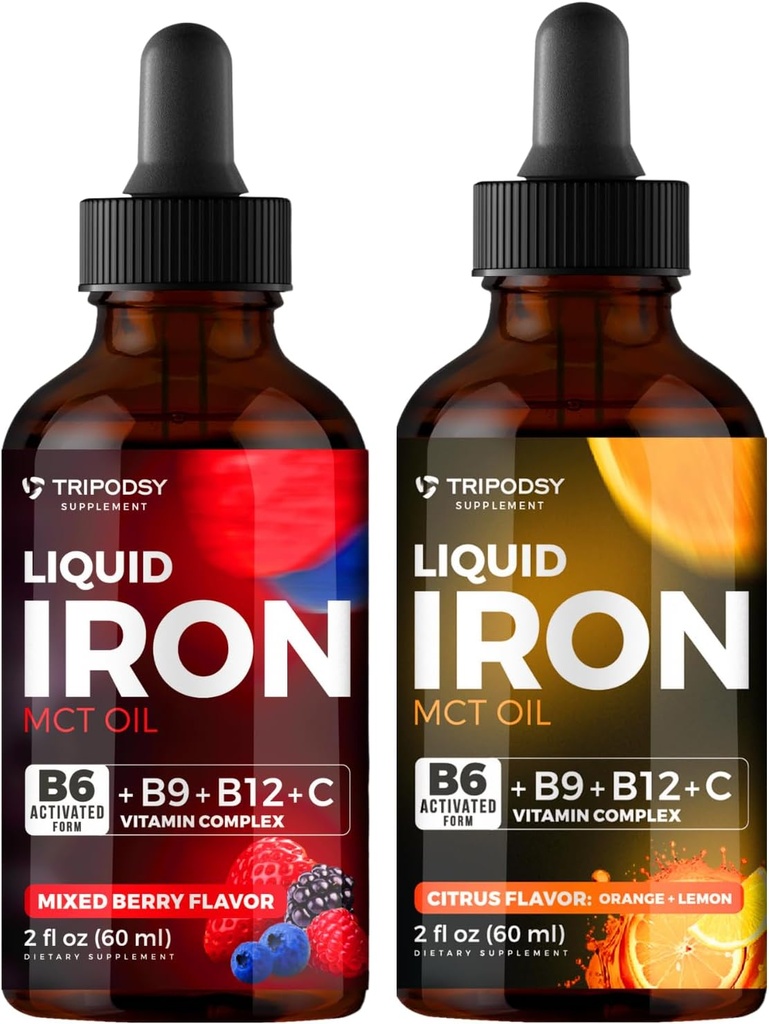 Flytende jerntilskudd, jerndråper, kvinner og menn, B6, B9, B12, Vitamin C, Anemi, Blodbuilder, Folat, Rød blodcelle, Immun støtte, MCT olje, Citrus, Blandet Berry