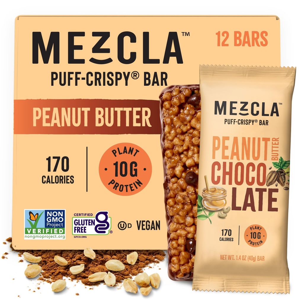 Mezcla Puff Crispy Protein Bars, Glutenfri & Vegansk Protein Bars, 10g Protein, Alt for Crispy Rice Treat, Granola Bars & Breakfast Barer, Sunn Snacks for voksne, Peanut Smør sjokolade, 12 Pack