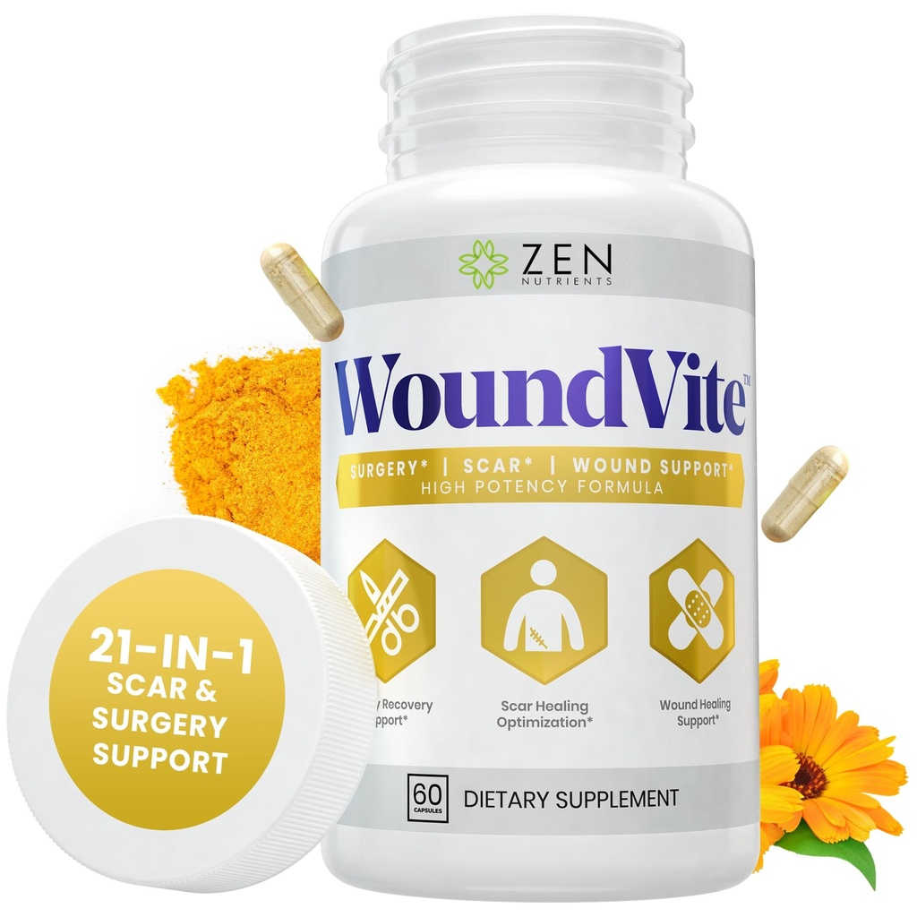 Zen næringsstoffer sårVite Pre & Post kirurgi Støtte, Scar & Sår omsorg, Scar behandling, plast og generell kirurgi, heal raskere og hjelpemidler i gjenopprettingstid m/bromelain, Turmeric & Arnica - 60 Vegan Caps