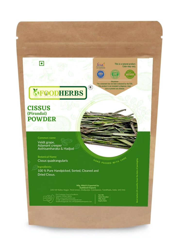 Foodherbs Cissus Quadrangularis pulver | 200 GMS / 0,44 Lbs | for Bone Wellness | Hadjod | Pirandai | Veldt Grape | Adamant Creeper