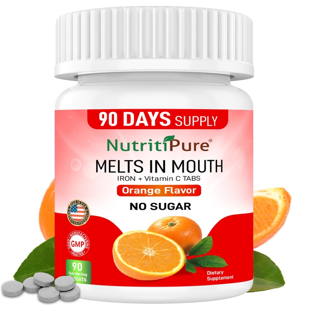 Chewable Iron Supplement for kvinner/menn (karbonyl jern 18 mg med vitamin C 30 mg) Tablett i oransje Flavor 90 greve (1)