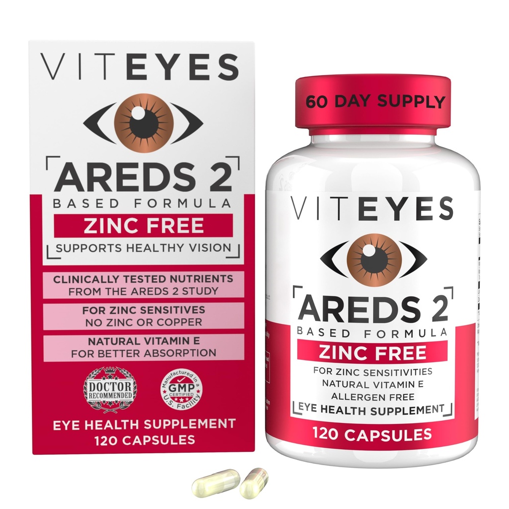 Viteyes AREDS 2 Zink gratis Macular Support, Naturlig Allergen gratis kapsler med vitamin E, Vitamin C, Lutein & Zeaxanthin, Ingen sink, Ingen kobber, Øye lege pålitelig, produsert i USA, 120 Ct