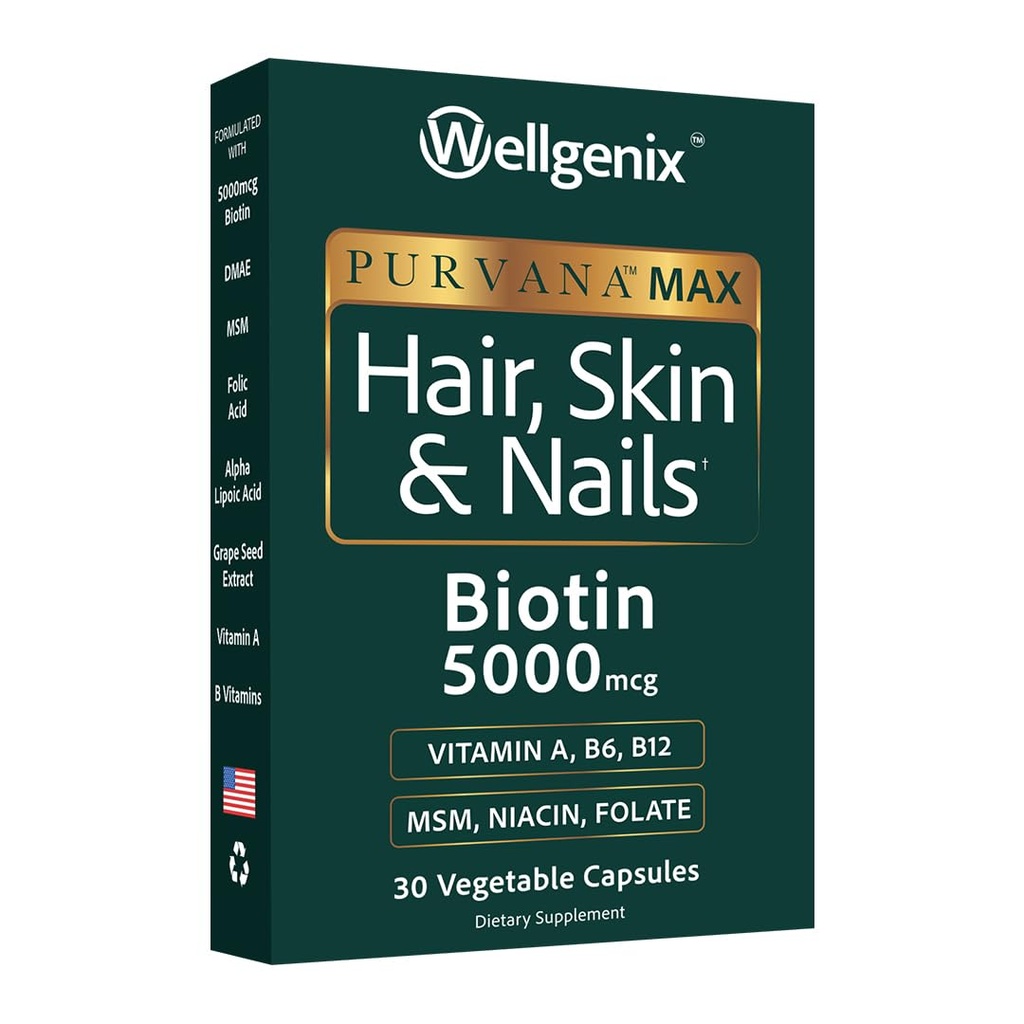 Wellgenix Purvana Max hår, hud og negler Vitamin - dobbel styrke Biotin 5000 MCG, VIT A & B, Folinsyre, Grape Seed Extract - Hair Support Supplement -30 Kapsler (pakke med 1)