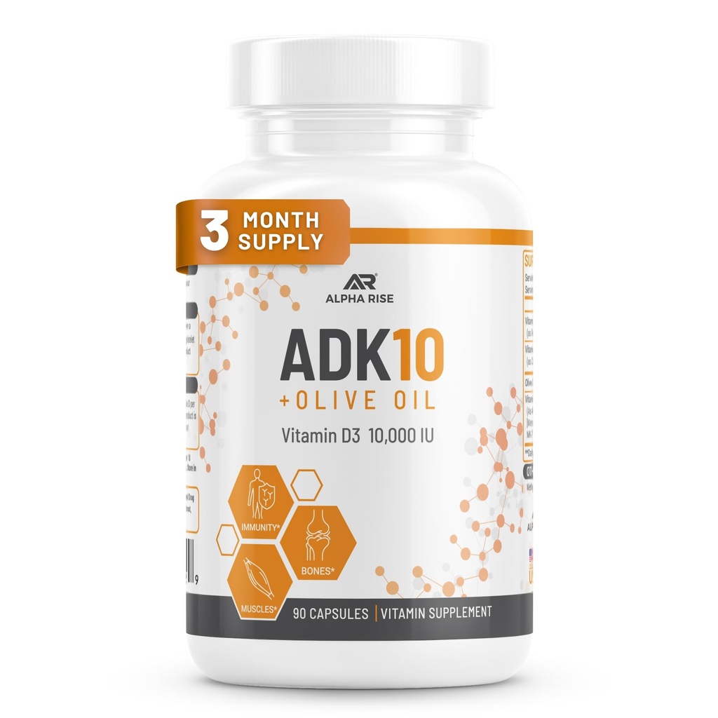 ADK 10 Vitamin Supplement + Olive Olje for bedre absorpsjon - med vitaminer A + D3 (10 000 iu) + K2 (MK7 + MK4) - 90 kapsler - vegetarisk - ikke-GMO