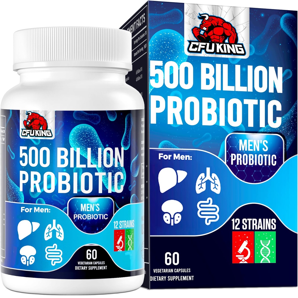 Probiotika for menn, 500 milliarder CFU & 12 Mens probiotika for digestiv helse + 4 organiske prebiotiske fiber, for digestiv, gut, immun helse, blomstring, gass, energi støtte, hyllestabil - 60 kapsler