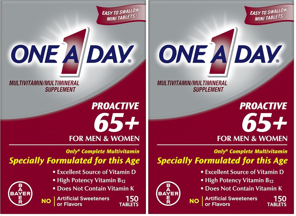 En dag Proaktiv 65+, Mens og kvinner multivitamin, Supplement med vitamin A, vitamin C, vitamin D og sink for immunhelse støtte*, kalsium, folsyre og mer, tablett 150 telling (Pack of 2)