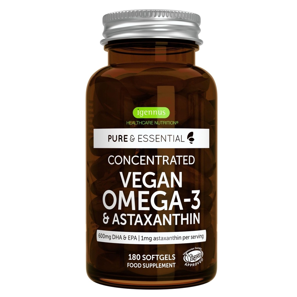 Igenus Vegan Omega-3 Naturlig Triglycerid Algae Olje, DHA & EPA Fatty Acid Supplement, 180 små Softgels med Astaxanthin, lett å svelge, ren og bærekraftig, 90 Serveringer