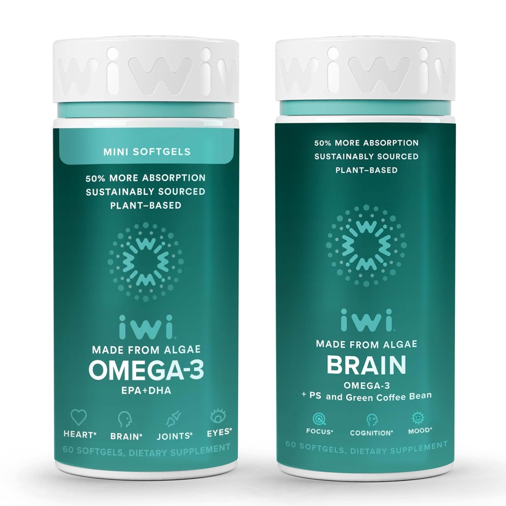 Iwi Omega-3 Minis & Brain Omega-3 Bundle, 30 Serveringer, Vegan Plant-baserte Algae Omega 3 med EPA + DHA, Krill & Fish Oil Alternative, Ingen Fiskig Ettersmak