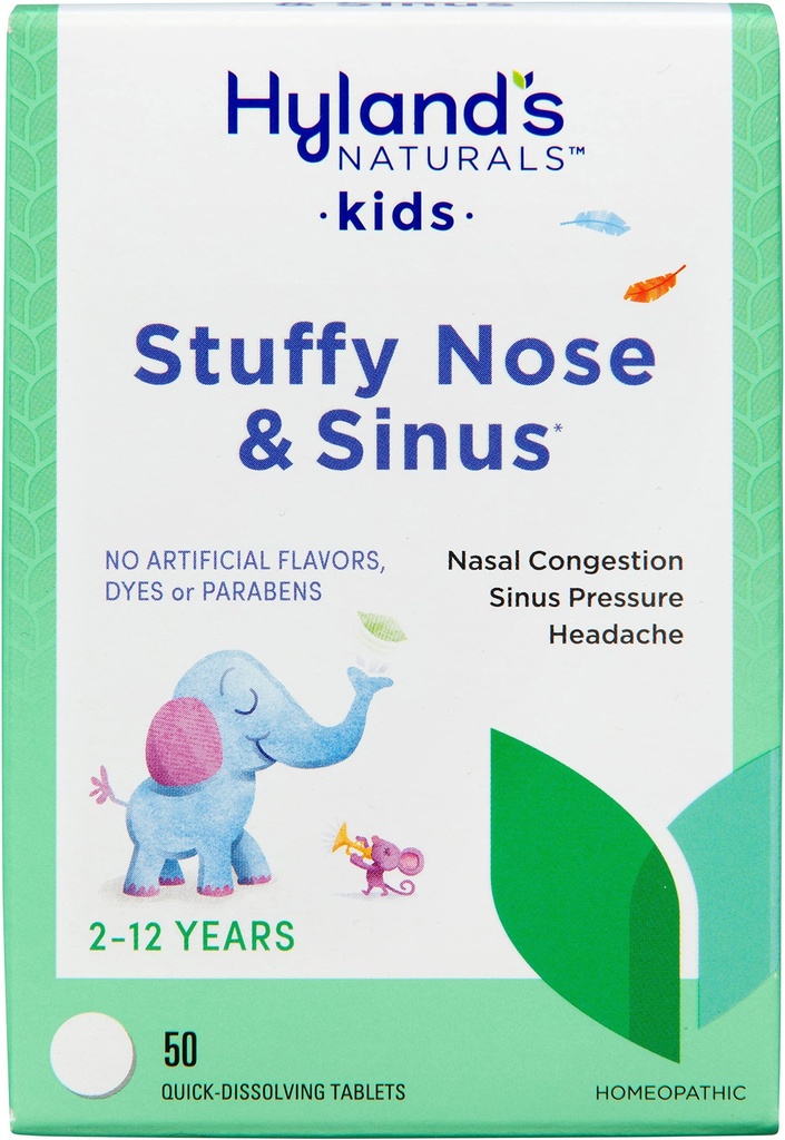 Hyland's Kids Stuffy Nese og Sinus Tabletter, Kold medisin for barn i alderen 2 og opp, hodepine Relief og Nasal Decongestant, Hurtig oppløsning tabletter, 50 greve