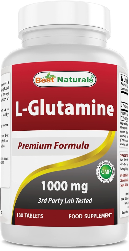 Beste Naturals L-Glutamine 1000 mg Drivstoff for trening (Non-GMO) tabletter, 180 greve