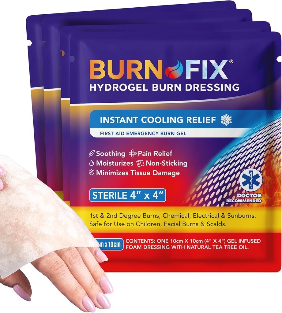 BurnFix® - 4 Pack-Burn Gel kjole 4 x 4" Burn Care Cream Førstehjelpsbehandling. øyeblikkelig smertelindring Hydrogel Burn Dressing for 1., 2. grad Burns, Razor & Sunburns for hjem, arbeid, brann, EMS