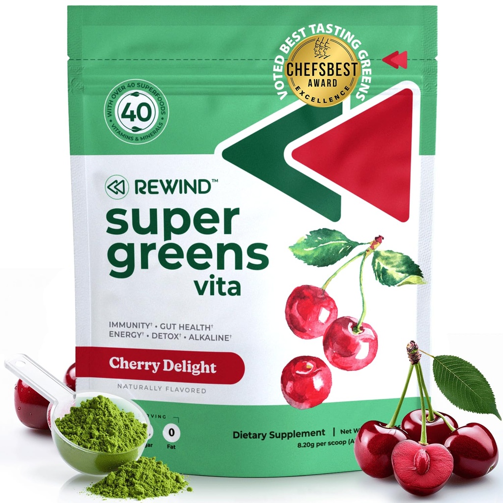 Beste Tasting Super Greens pulver med 40+ Superfoods – Delicious Daily Green pulver med vitamin B12, sink, vitamin C, magnesium og kalsium – Grønn Juice Superfood Mix - Cherry Flavor