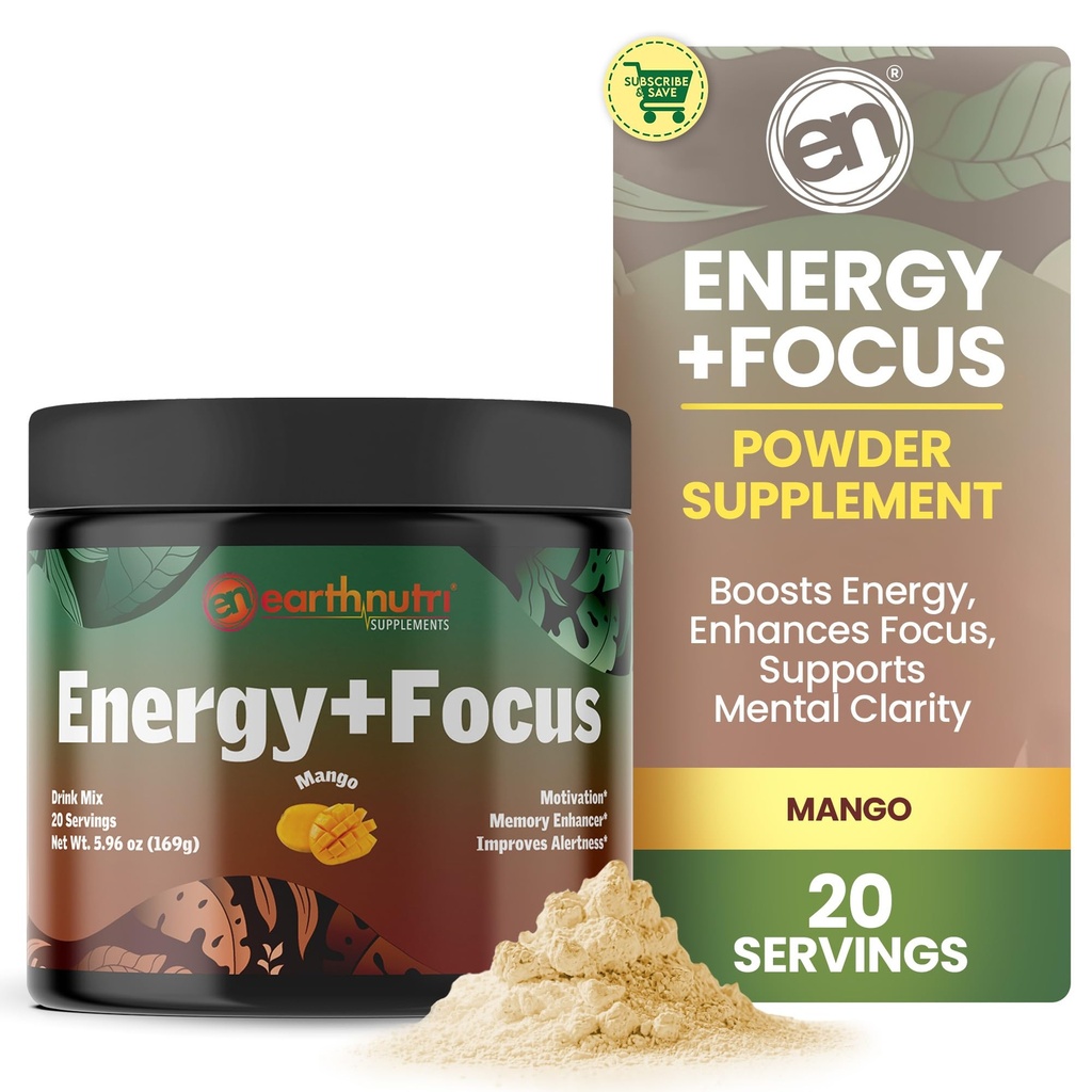 EarthNutri Energy + Focus Powder Supplement - Energi øker og hjelper konsentrasjonen med PeakO2, AlphaSize, Cognizin, PurCaf, Theacrine, Acetyl L-karnitin L-tyrosin - Mango Flavor - 20 Serveringer (171g)