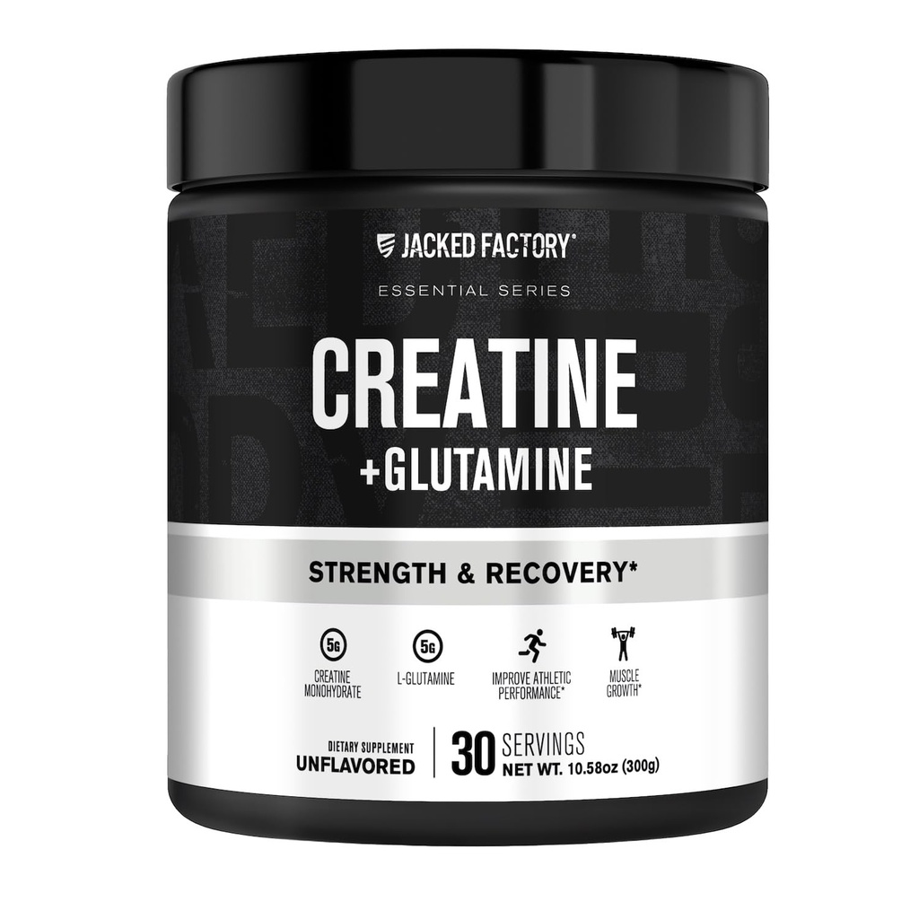 Jacked Factory Kreatin + glutamin - Kreatin Supplement med L-Glutamine for muskelgjenvinning, muskelvekst, økt styrke, forbedret energiutgang, og Gut Helse - 30 Services, Uslavored