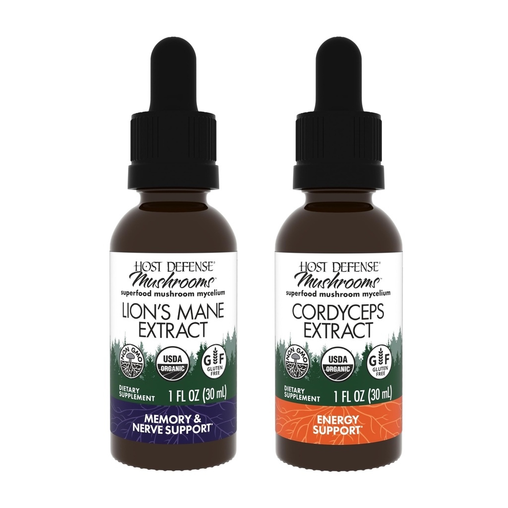 Host Defense Bundle med Lion's Mane Extract, 1 fl oz & Cordyceps Extract, 1 fl oz - Støtte Brain Health, Minne & Fokus - Immune & Energi Support Supplement*