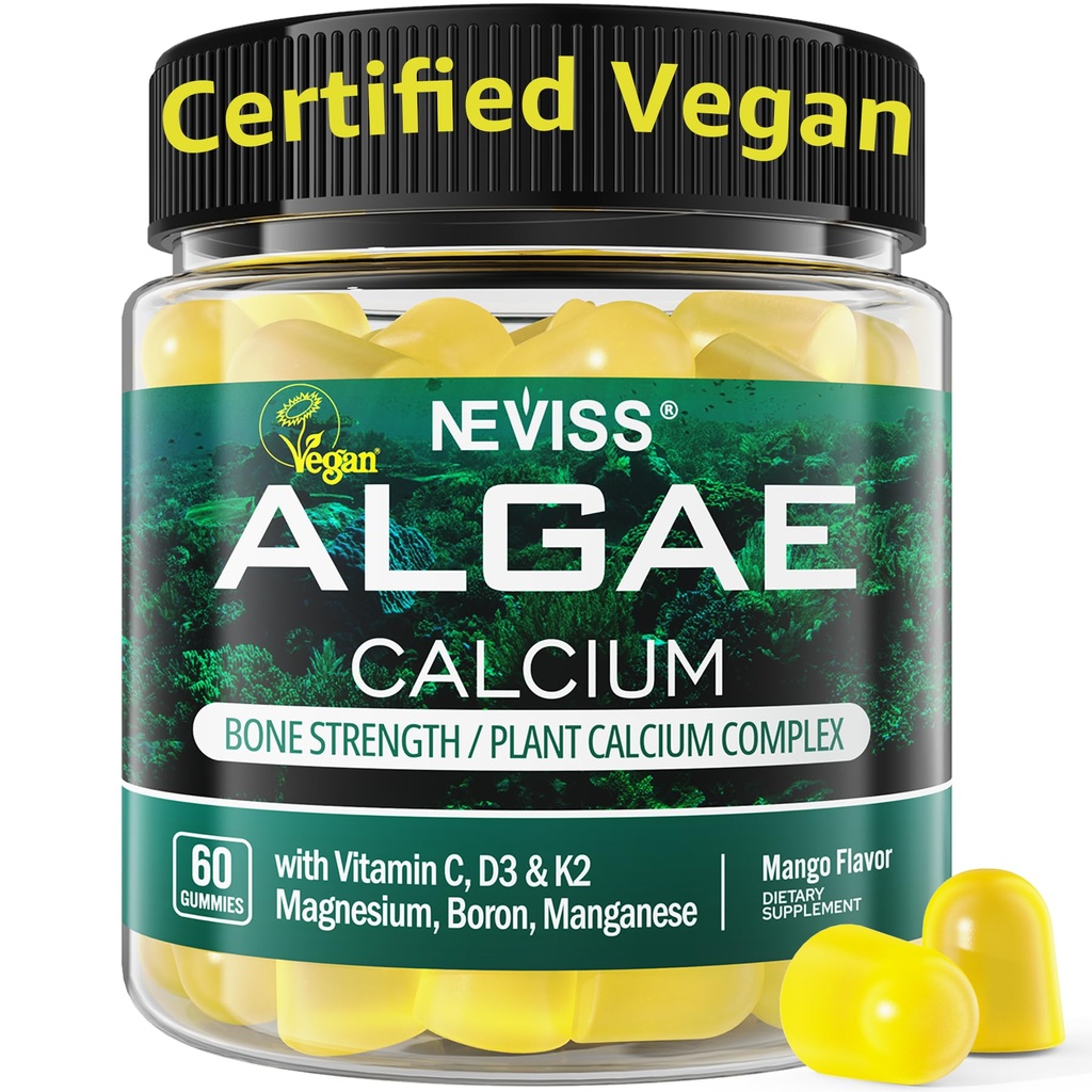 Kalsium Gummies for kvinner + Magneisum vitamin D3 K2, C, sink, bor, bærekraftig algae (3. part testet) for bein styrke, Nerve, kalsium absoption, sukkerfri kalsium Supplement, Vegan, 60 antall