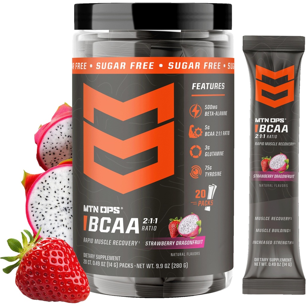 MTN OPS BCAA pulver 2:1:1 Aminosyrer Supplement pulver for rask muskelgjenvinning og reparasjon med null sukker og glutenfri - 20-Servings, Jordbær Dragonfrukt trail pakker