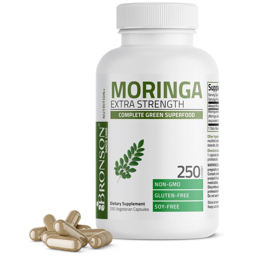 Bronson Moringa ekstra styrke kapsler Moringa Oleifera pulver, 250 teller
