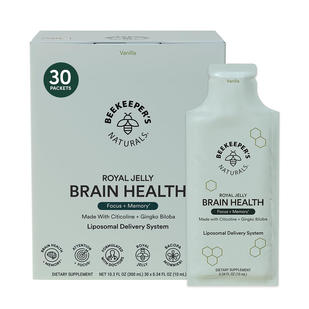 Nootropic Brain Supplement av Beekeepers Naturals, 500 mg Citocolin, Ginkgo Biloba, Bacopa Monnieri & Royal Jelly, støtter fokus & minne, lettere absorpsjon, pluss en Tasty Vanilla Flavor, 30ct