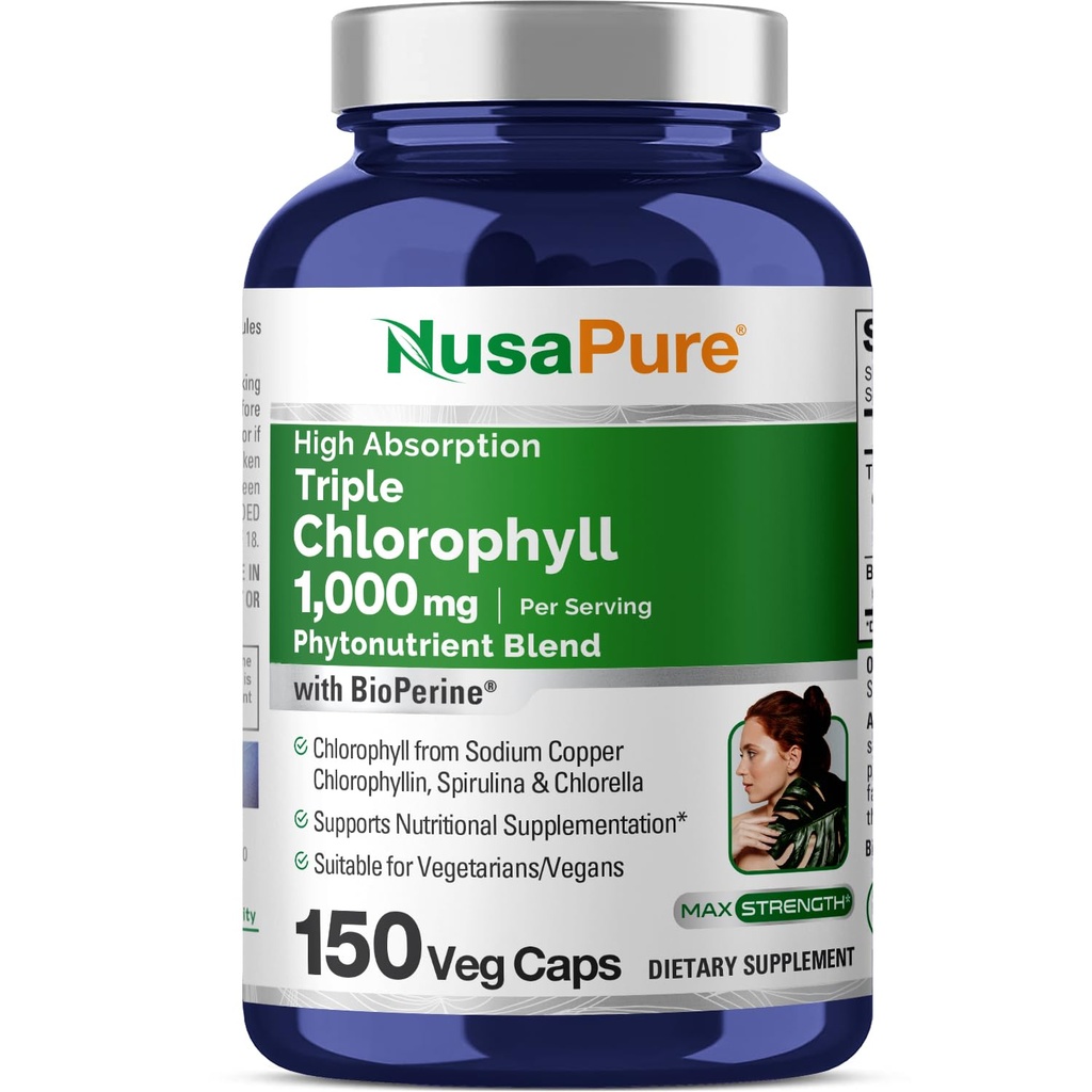 NusaPure høy absorpsjon Triple Klorofyll 1000 mg 150 Veg Caps egnet for vegetarianere og veganer, ikke-GMO