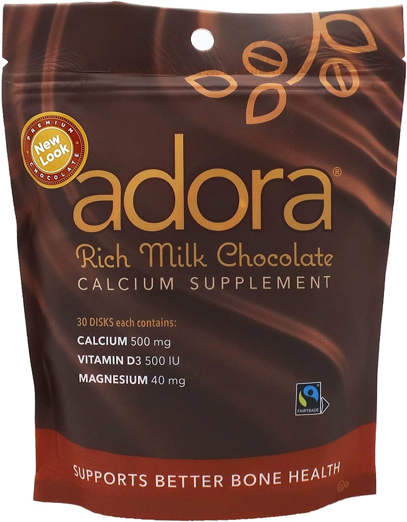 Adora Premium Vitamin D3 Magnesium og Kalsium Supplement, 500 mg, Melke sjokolade, 30 greve