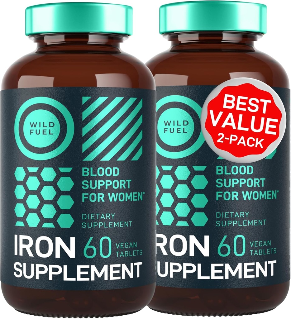 Vegansk jerntilskudd for kvinner med folsyre - 35 mg blodbuilder Ferrous Sulfat, folicsyre 400 mcg - jernpiller for kvinner med anemi og graviditet støtte - 120 Glutenfri tabletter - 2Pack