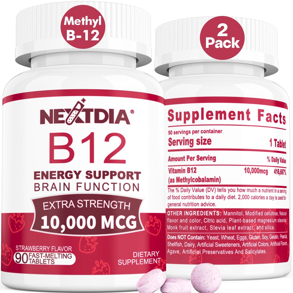 B12 Vitaminer 10 000 mhg, Metylert vitamin B12 Sublingual - Energiforsterkning, Fokus, Metabolisme og Hjerne Helse Støtte, Immunsystemstøtte, Rask oppløsning, Naturlig Jordbær Flavor, 180 Serveringer