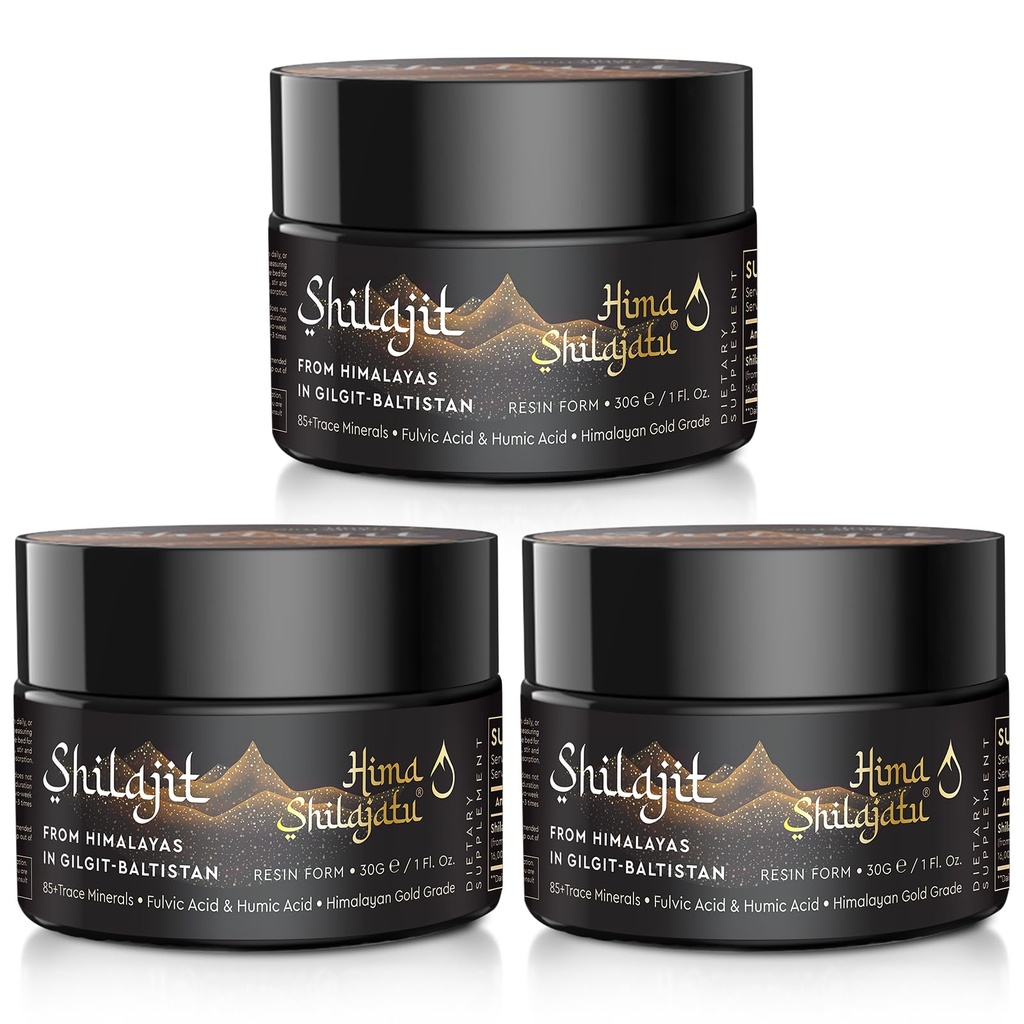 Shilajit Purest Himalayan Organic Shilajit Resin - Gullklasse 100% renhet Shilajit med Fulvic Acid & 85+ Trace Minerals Complex for energi og immunstøtte, pakke med 3 (6 måneders forsyning)
