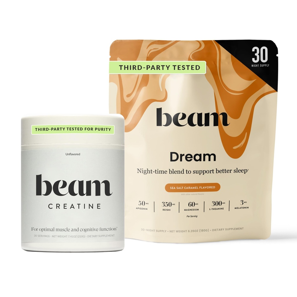 Beam Drømme Sleep Powder & Creatine Bundle, tredjeparts testet naturlig søvnhjelp og gjenoppretting Supplement med mikronisert kreatinmonohydrat, uflavorert ren kreatin pulver for muskelstyrke, energi