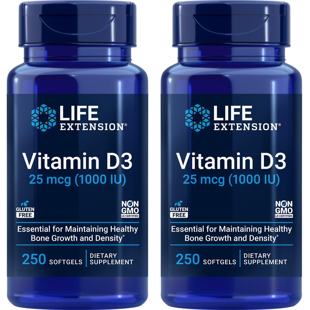 Livsforlengelse Vitamin D3 25 mikrog (1000 IE), immunsystemstøtte, Bone Helse, Helbredelse, Verdistørrelse, Glutenfri, Ikke-GMO – To pakker - 2 x 250 Softgels