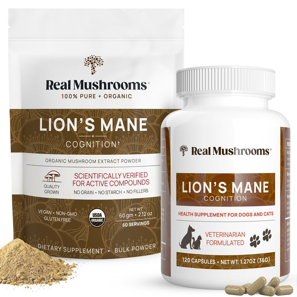 Ekte Mushrooms Lions Mane For Humans (60 Services) og Kjæledyr (120ct) - pulver og kapsler Bungle for kognisjon og immunitet - Vegan, ikke-GMO, Glutenfri, kornfri mushroom ekstrakt kosttilskudd